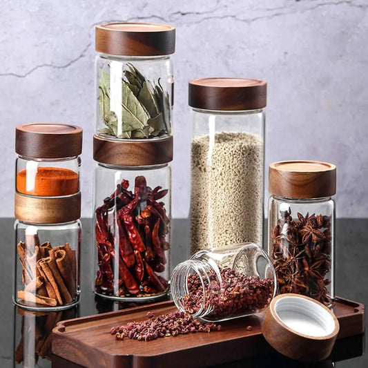 Kitchen High Borosilicate Glass Sealed Spice Jars With Acacia Wood Lids Miscellaneous Grain Storage Pots Split Bottle Tank