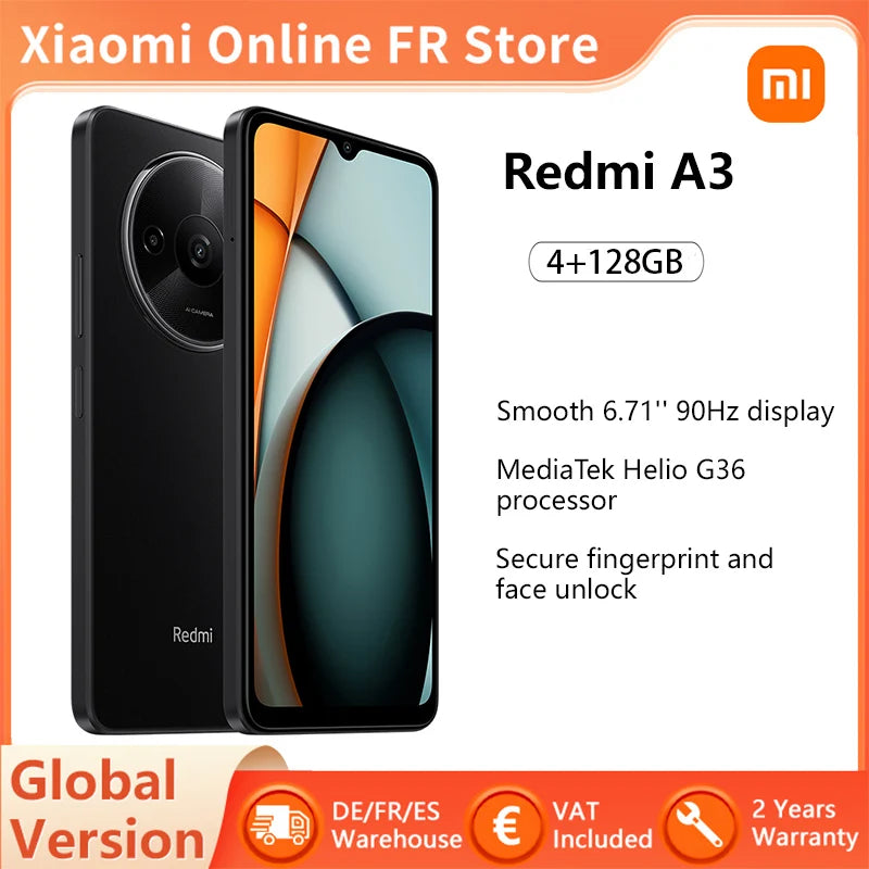 Global version Xiaomi redmi A3 smartphone Mediatek Helio G36 Hd Screen 6.71 Inch Dual Camera 5000mah Battery 4GB 128GB  Mi