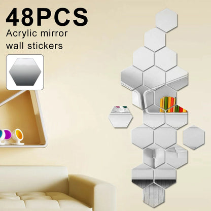 48Pcs Modern Acrylic Mirror Wall Sticker Self Adhesive Removable Hexagon Livingroom Bathroom Bedroom Wall Decoration Mirror