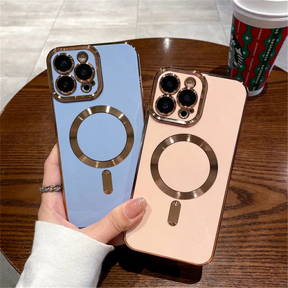 For iPhone 15 Pro Max Luxury Magsafe Magnetic Square Plating Frame Phone Case For iPhone 11 12 13 14 Plus Lens Protective Cover