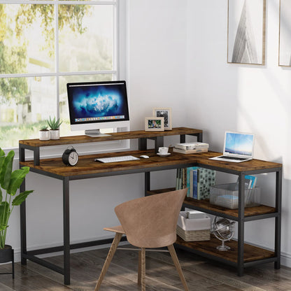 Tribesigns Computer Desk,Corner Desk With Monitor Stand, L-Shaped Writing Workstation with 3 Shelves for Home Office