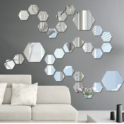 12/24Pcs 3D DIY Removable  Hexagon Mirror Wall Stickers Self Adhesive Aesthetic Mosaic Tiles Decals Mirror Home Decoration