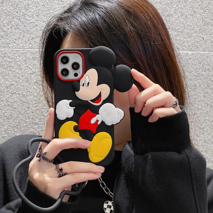 MINISO 3D Mickey Mouse Silicone Phone Case with Lanyard for IPhone 15 14 13 12 11 Pro X XS XR Max Shockproof Cover Soft Shell