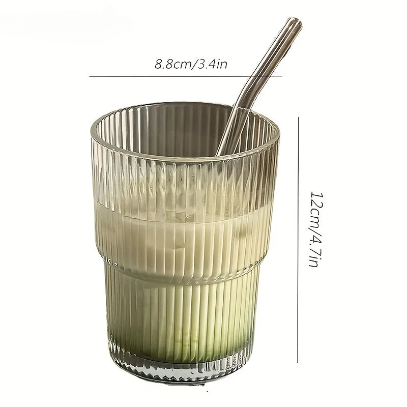 1pc 450ml Stripe Glass Cup Transparent Glasses With Lid and Straw Ice Coffee Mug Tea Cup Juice Glass Milk Water Cup Drinkware