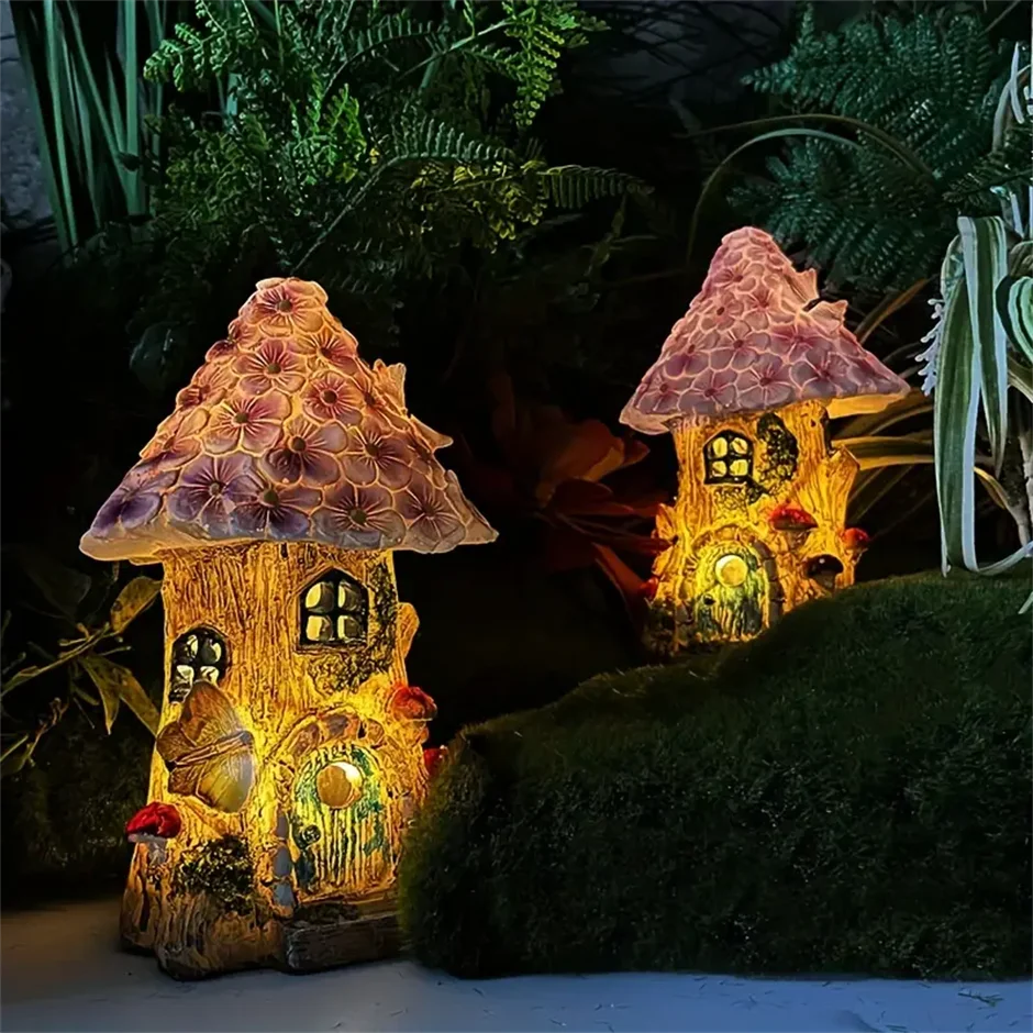 Fairy Garden House Solar Outdoor Statue, Light Up Mushroom Figurines Lawn Decorations for Yard, Fairies for Miniature House