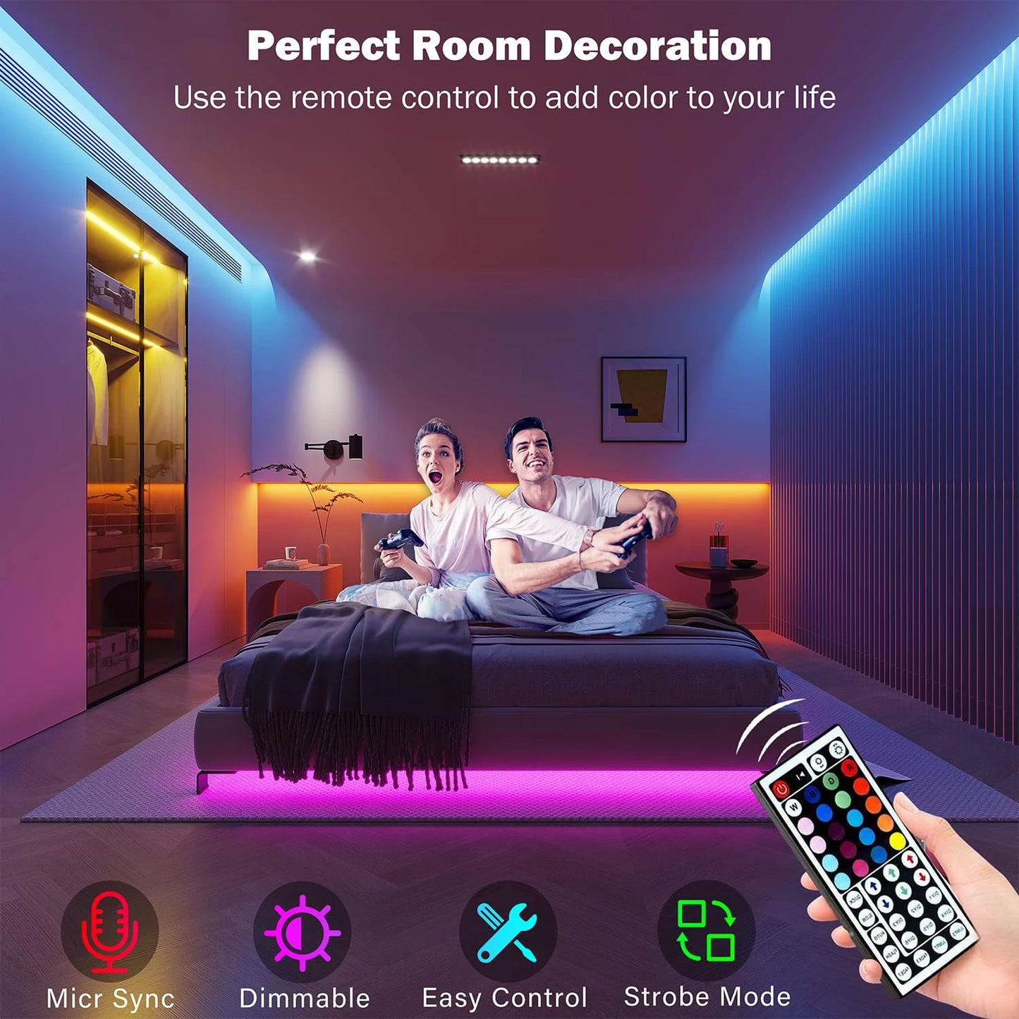 Led Lights for Room RGB Led Strip Lights with Remote and APP Control RGB Tape Flexible Ribbon for Home Bedroom Decoration Party