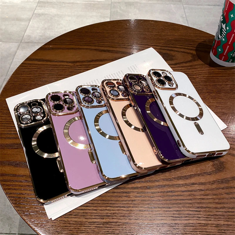 For iPhone 15 Pro Max Luxury Magsafe Magnetic Square Plating Frame Phone Case For iPhone 11 12 13 14 Plus Lens Protective Cover