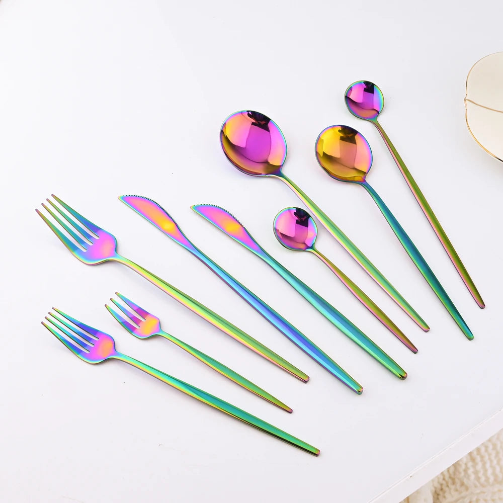 1pcs Flatwar Fork Knife Spoon Set Cutlery Tableware Dinning Rainbow Table Steel Kitchen Complete Dinner Set for Dropshipping