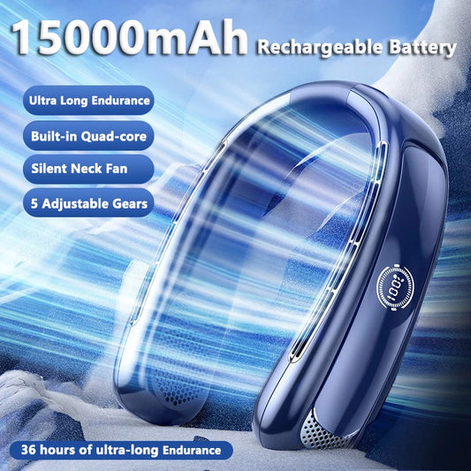 15000mah Portable Neck Fan Smart Digital Display USB Rechargeable Outdoors Bladeless Silent Cooling Neck Fan