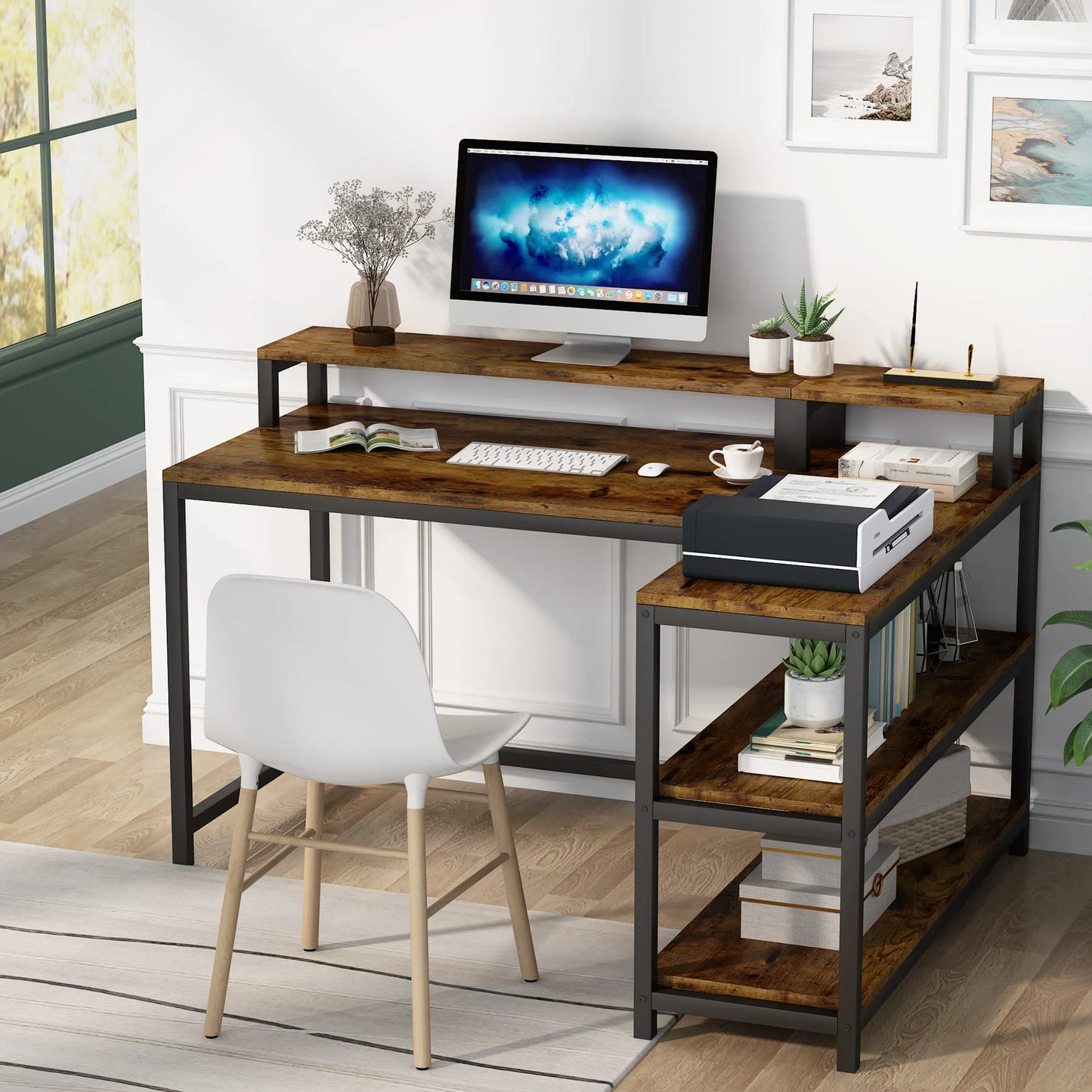 Tribesigns Computer Desk,Corner Desk With Monitor Stand, L-Shaped Writing Workstation with 3 Shelves for Home Office