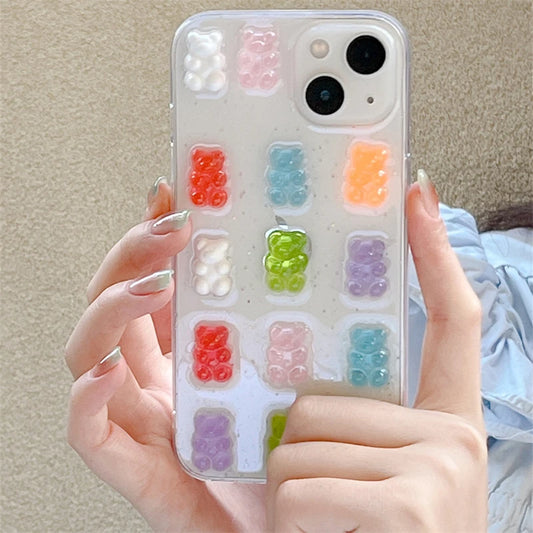 Cute 3D Candy Colors Bear Phone Case For iphone 14 13 11 12 Pro Max MiNi X XS Max XR 6 8 7 Plus Se Girl Glitter Clear Soft Cover