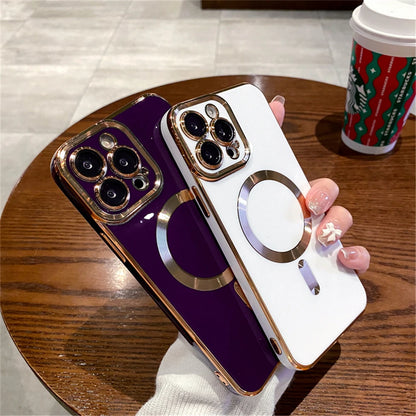 For iPhone 15 Pro Max Luxury Magsafe Magnetic Square Plating Frame Phone Case For iPhone 11 12 13 14 Plus Lens Protective Cover