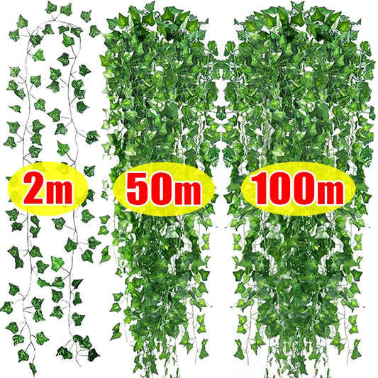 100/2M Artificial Green Ivy Vine Garland Fake Leaf Plants Rattan Hanging Creeper Garlands for Garden Wedding Party Wall Decor