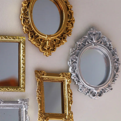 Mini Vintage Carved Mirror Retro Self-adhesive Wall Mounted Mirror Gold and Silver Color Makeup Vanity Home Decorative Mirrors