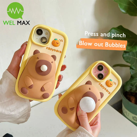 3D Cute Capibara Blowing Bubble Decompression Phone Case For iPhone 15 14 13 12 11 Pro Max Shockproof Soft Silicone shell Funny