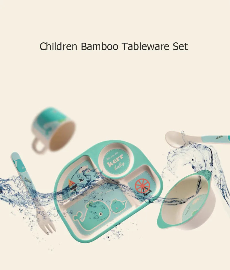 Cartoon Bamboo Fiber Baby Feeding Plate Children Tableware Tray Dish Bowl Fork Spoon Cup Food Training Dinnerware Set Kids Gift