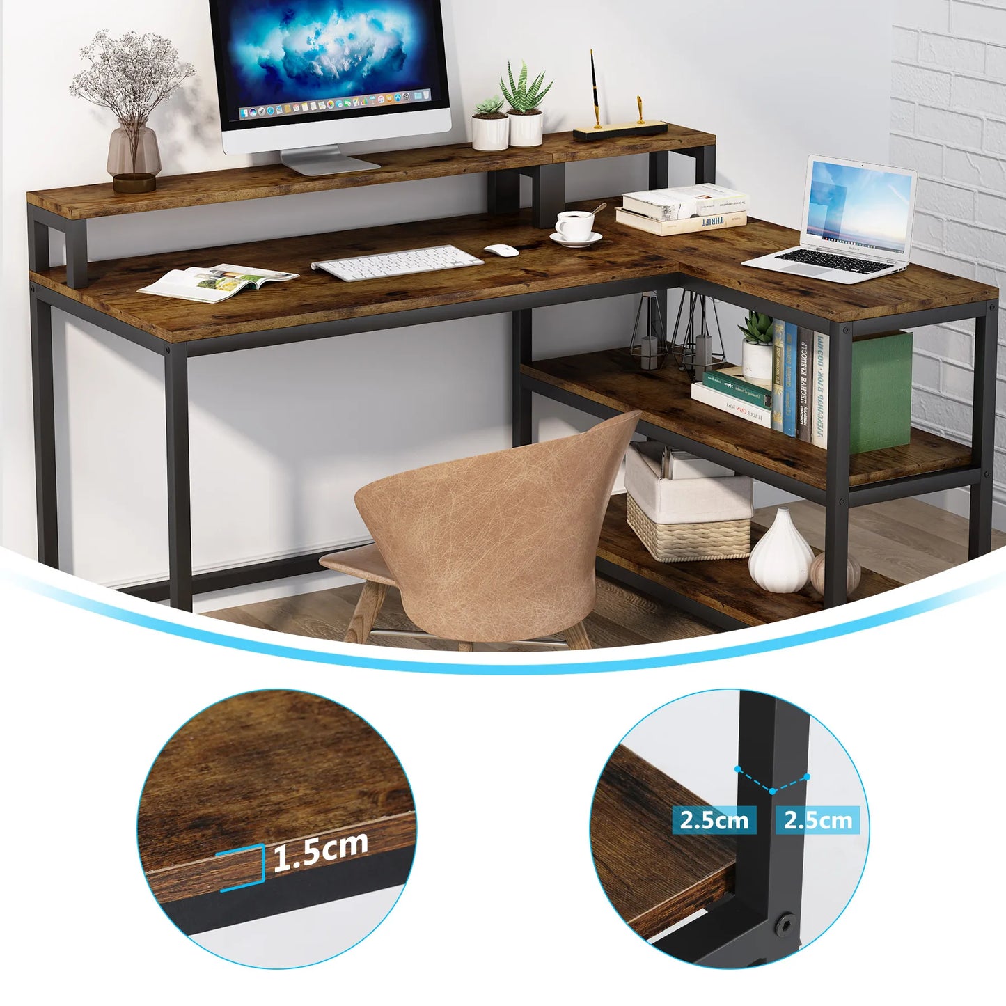 Tribesigns Computer Desk,Corner Desk With Monitor Stand, L-Shaped Writing Workstation with 3 Shelves for Home Office